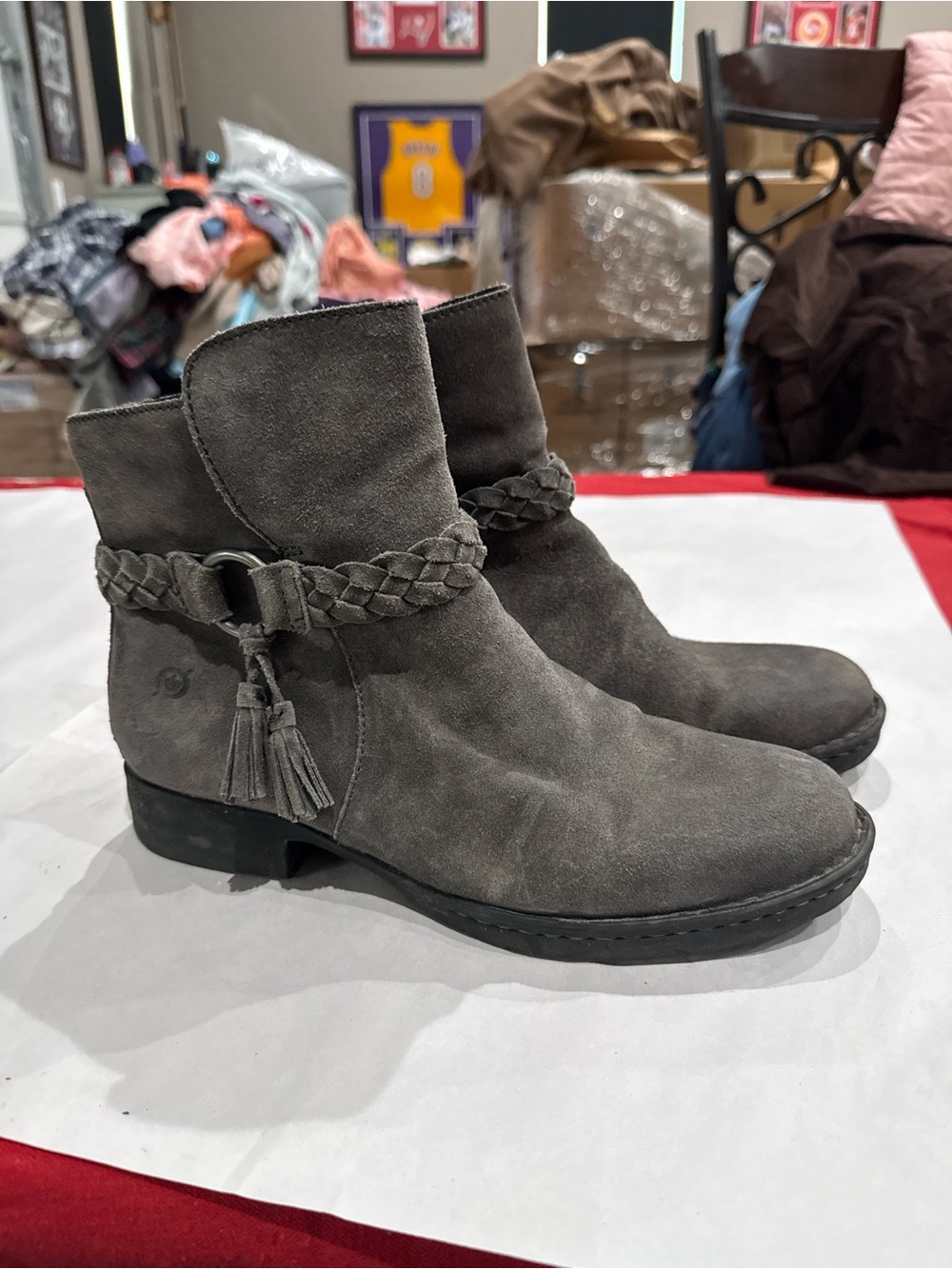 Born Gray Suede Ankle Boots with Braided Tassel Strap